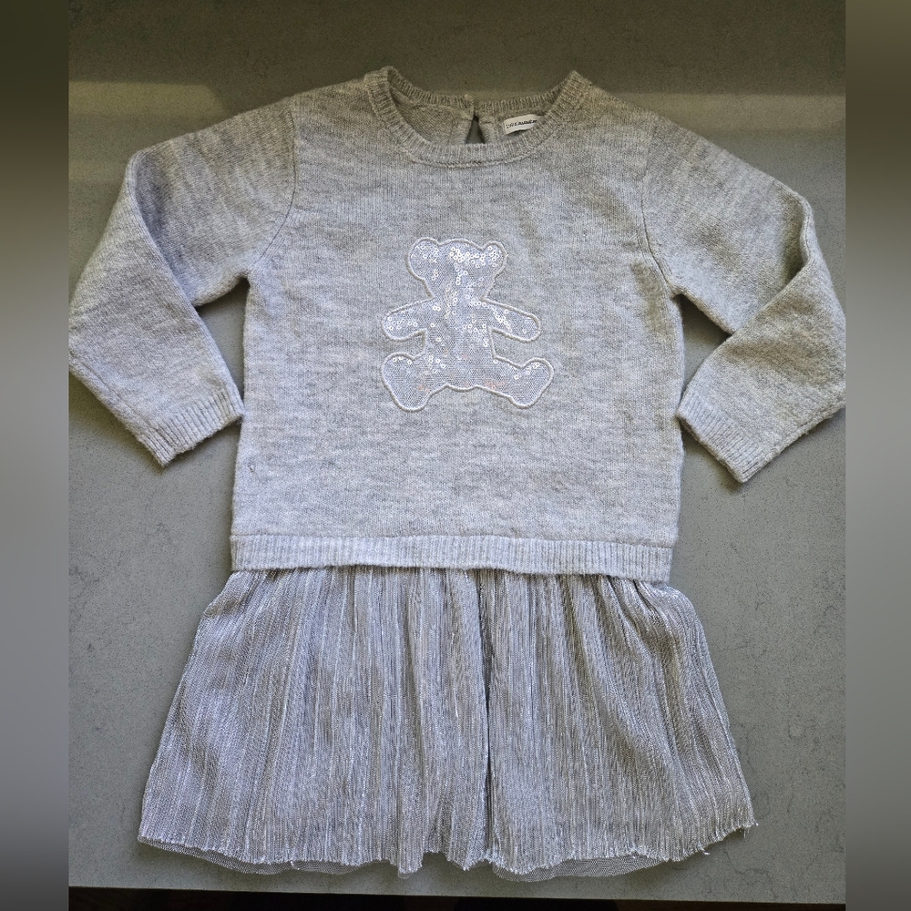 Silver Gray Pleated Long Sleeve Sweater Dress